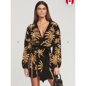 RETROFETE GABRIELLE Black & Gold Sequin Palm Tree Robe Dress Small SOLD OUT